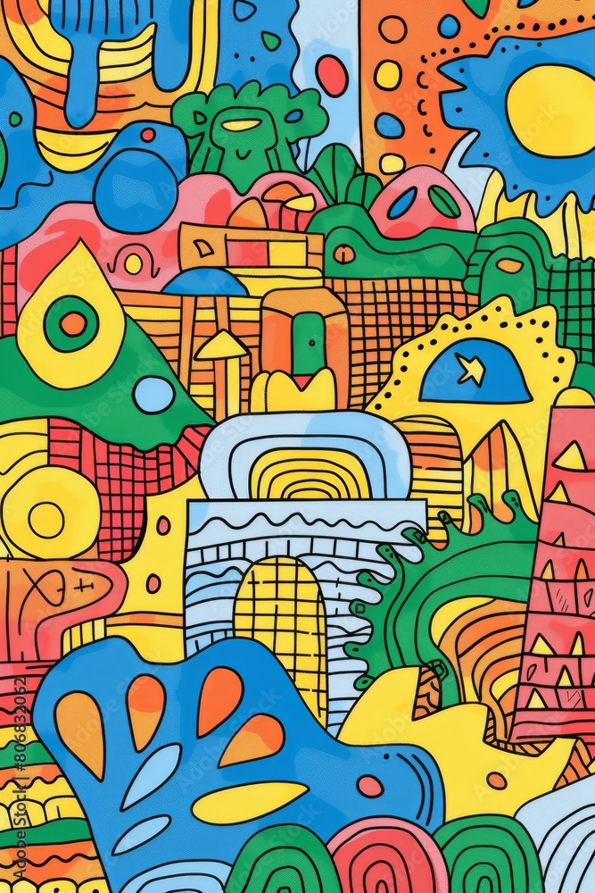 Obraz premium A front cover for a colouring book for toddlers called Shape and Pattern Playground, full of different shapes with various patterns within the shapes