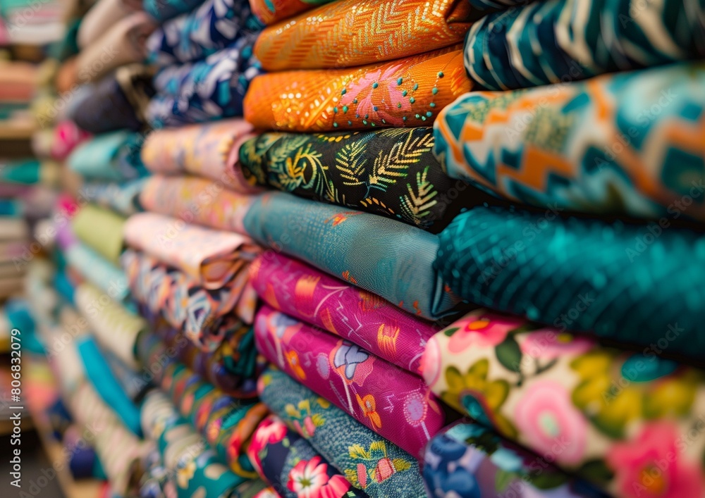 Fototapeta premium Colorful Assorted Fabric Rolls in a Textile Shop Close-Up