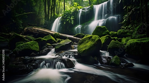 Panorama of a waterfall in the green forest. Long exposure.