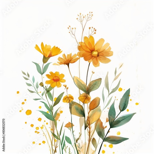 Elegant Watercolor Yellow Flowers and Green Leaves on White Background