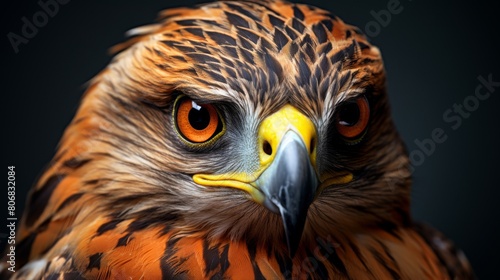 A majestic bird of prey in close-up, showcasing intricate feathers and intense gaze
