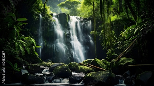 Waterfall in deep forest. Panoramic view of waterfall in deep forest.