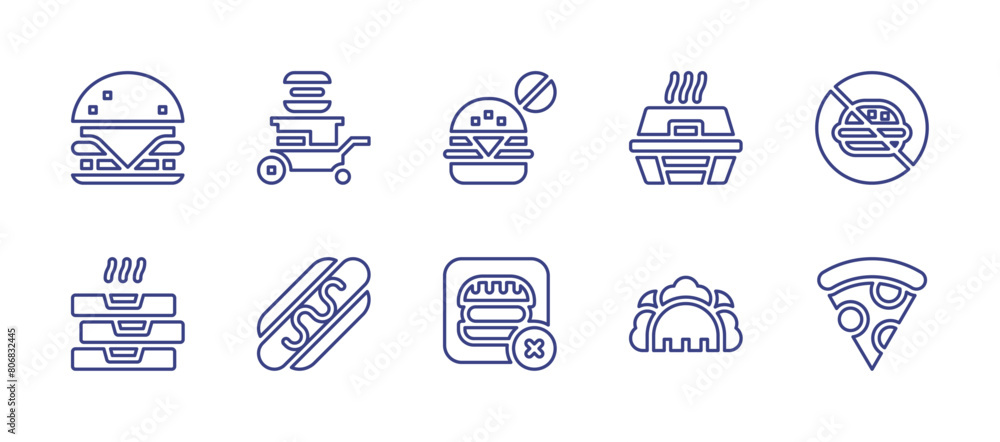 Fast food line icon set. Editable stroke. Vector illustration. Containing no fast food, food stall, no food, taco, burger, fast food, pizza, hamburger.