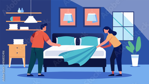 Designers thoughtfully selecting and arranging luxurious bedding and linens in a master suite bedroom.. Vector illustration