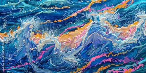 Abstract Marine Oceanic Wave Forms in Bright Colors - Artistic Swirls  Vibrant Painting  Flowing Water  Dynamic Motion