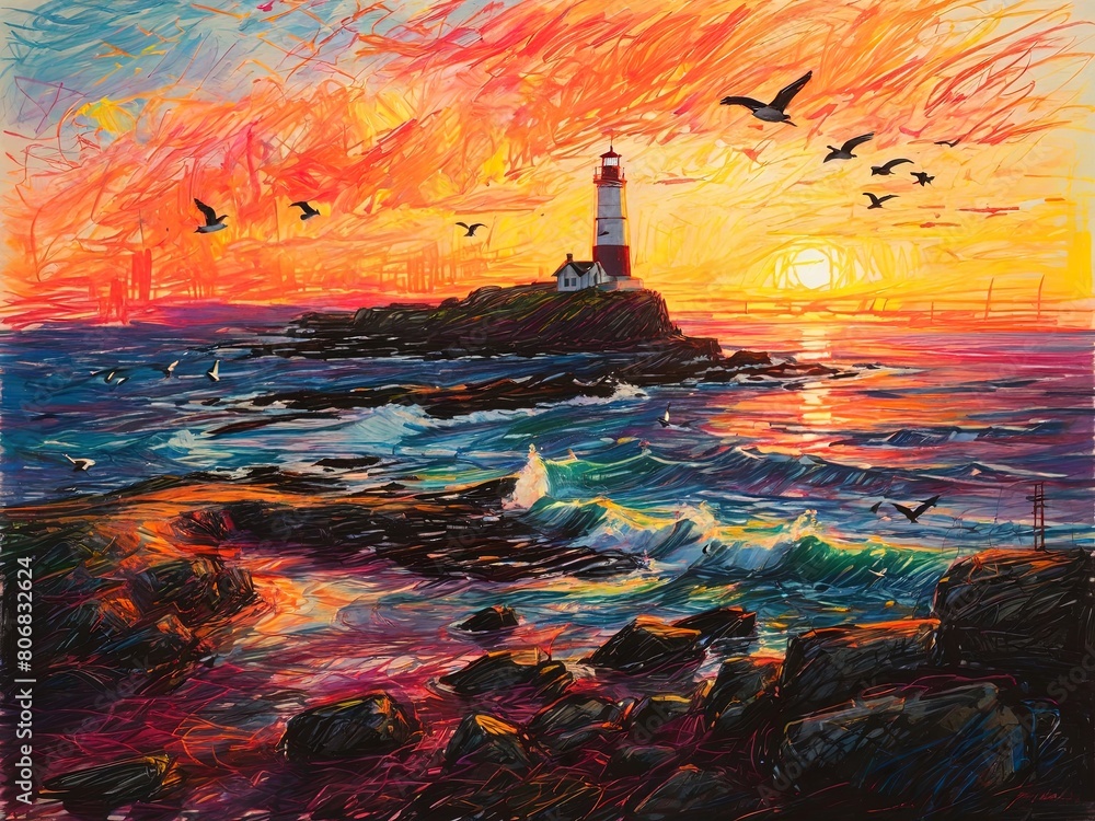 Color pencil painting of a serene coastal landscape at sunset with gentle waves crashing against rocks, seagulls flying overhead, and a lighthouse standing tall in the distance. 