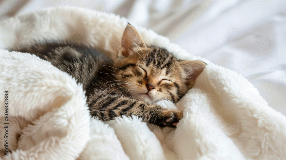 Cute tabby _kitten sleep on white soft blanket