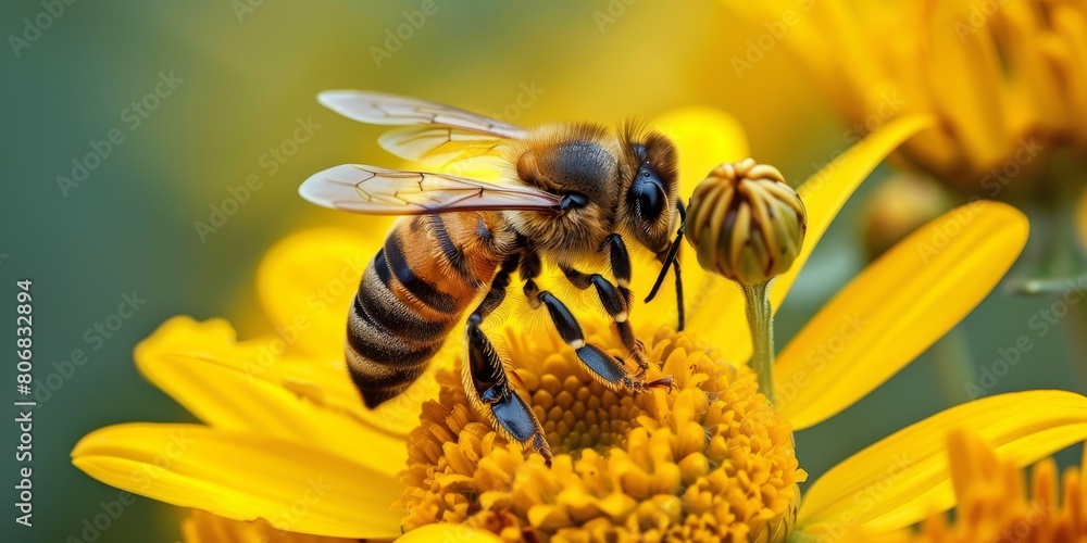 Bee's Journey: Delicate Interaction with a Yellow Daisy - Pollination in Action, Macro Close-Up, Vibrant Summer Flower Bee's Journey: Delicate Interaction with a Yellow Daisy - Pollination in Action, Macro Close-Up, Vibrant Summer Flower