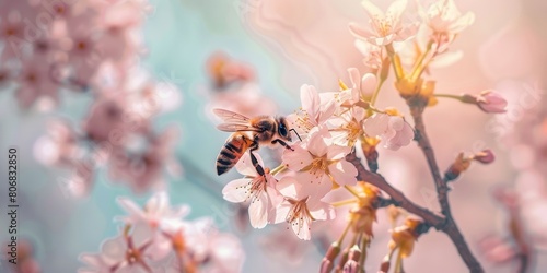 Bee Hovering Over a Blossoming Cherry Flower - Springtime Pollination, Delicate Pink Blooms, Nature Close-Up, Macro Shot
