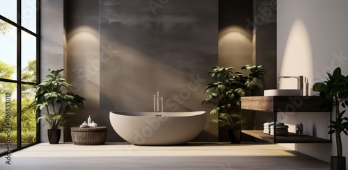 This stylish gray bathroom interior exudes modern elegance with its concrete floor  dark gray wall  spacious bathtub  and sleek white sink complemented.