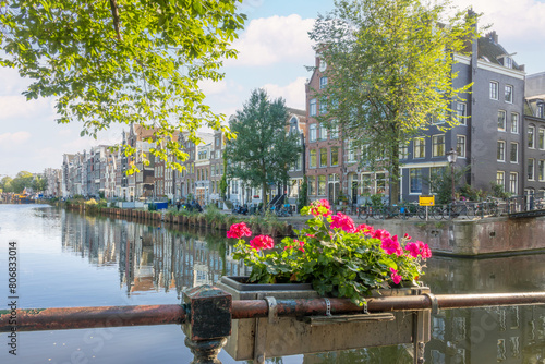 Typical Amsterdam Houses on the Embankment and Bright Flowers photo