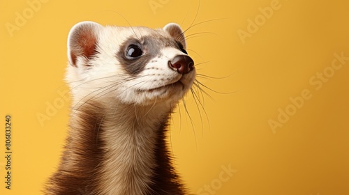 A curious ferret up close against a bright yellow backdrop photo