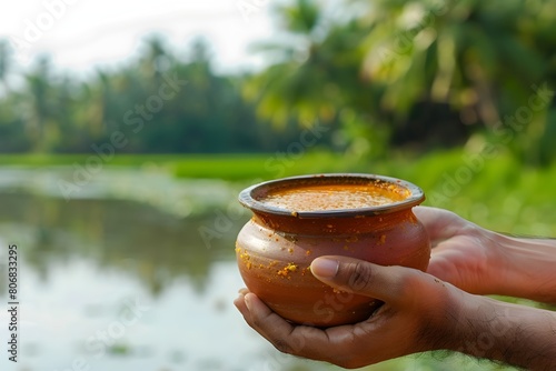 Tranquil Backwater Landscape in Kerala A Hand Offering Traditional Sol Kadhi photo
