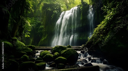 Panoramic view of a waterfall in the forest  Bali  Indonesia