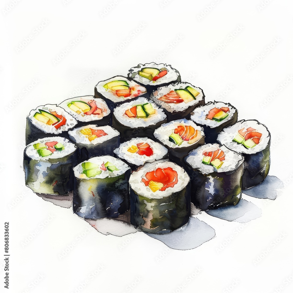 A small watercolor of sushi rolls, beautifully detailed and appetizing, isolated with a white background A small watercolor of sushi rolls, beautifully detailed and appetizing, isolated with a white background