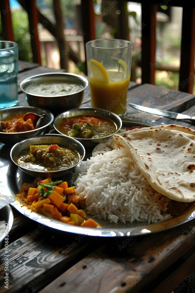 Traditional Indian Thali Meal Served on a Shining Silver Platter Brimming with Authentic Flavors Traditional Indian Thali Meal Served on a Shining Silver Platter Brimming with Authentic Flavors