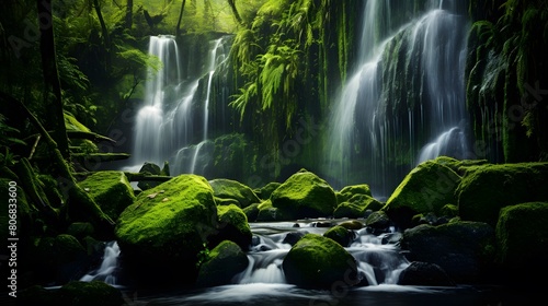 Beautiful waterfall in the rainforest. Panoramic image.