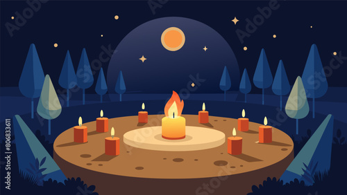 A secluded outdoor location lit only by a circle of candles providing the perfect ambiance for a candlelit stretching session under the stars.. Vector illustration