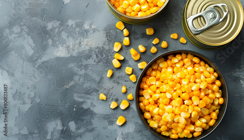 Bowl and tin can with canned corn on grey background photo