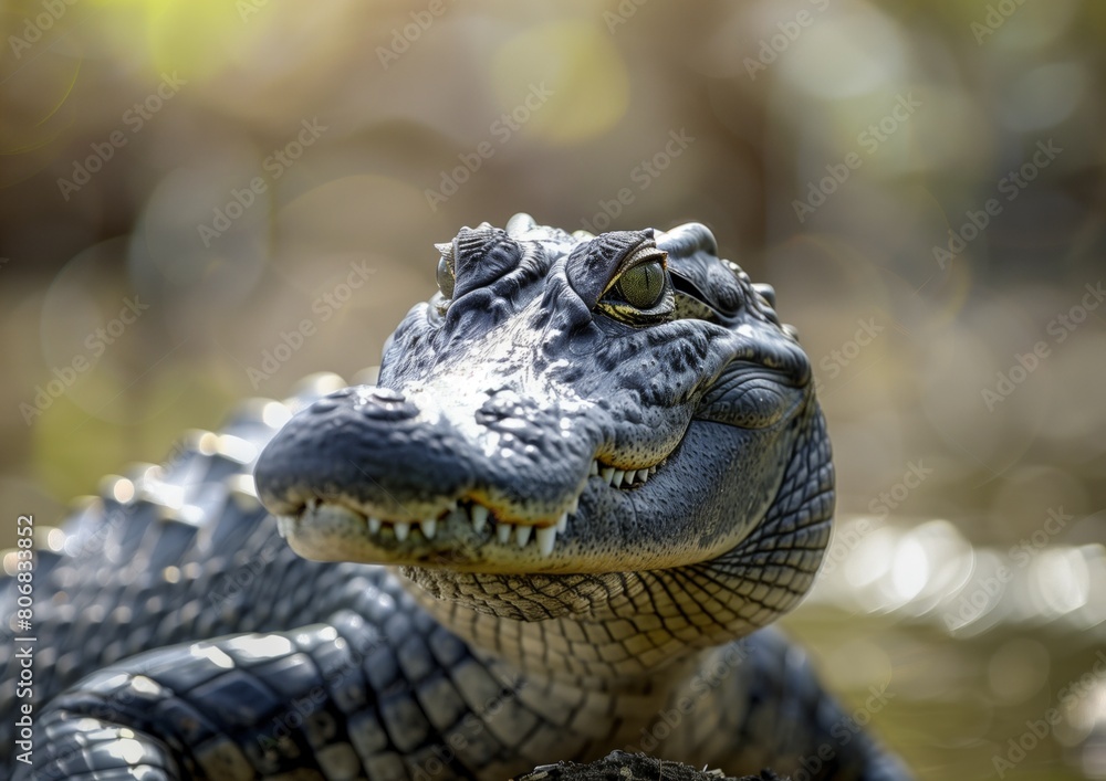 Fototapeta premium Close-Up Portrait of a Majestic Alligator Basking in Sunlight with a Bokeh Background