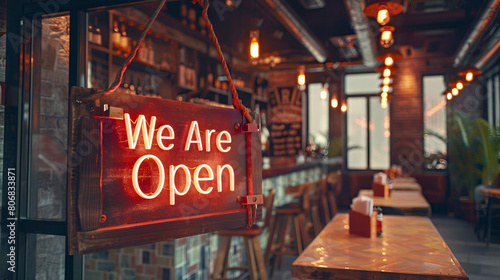 Restaurant Concept with "We Are Open" Text on Sign Board, Welcoming Ambiance of Dining Place, Cozy Interior Design, Hospitality Industry Concept, Generative AI

