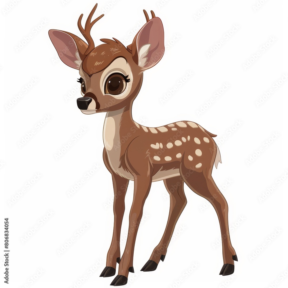 A charming deer with large eyes and an expansive antlered head faces a pristine white backdrop A charming deer with large eyes and an expansive antlered head faces a pristine white backdrop