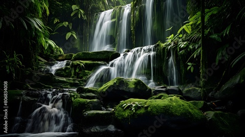 Panoramic view of beautiful waterfall in tropical rainforest, Thailand