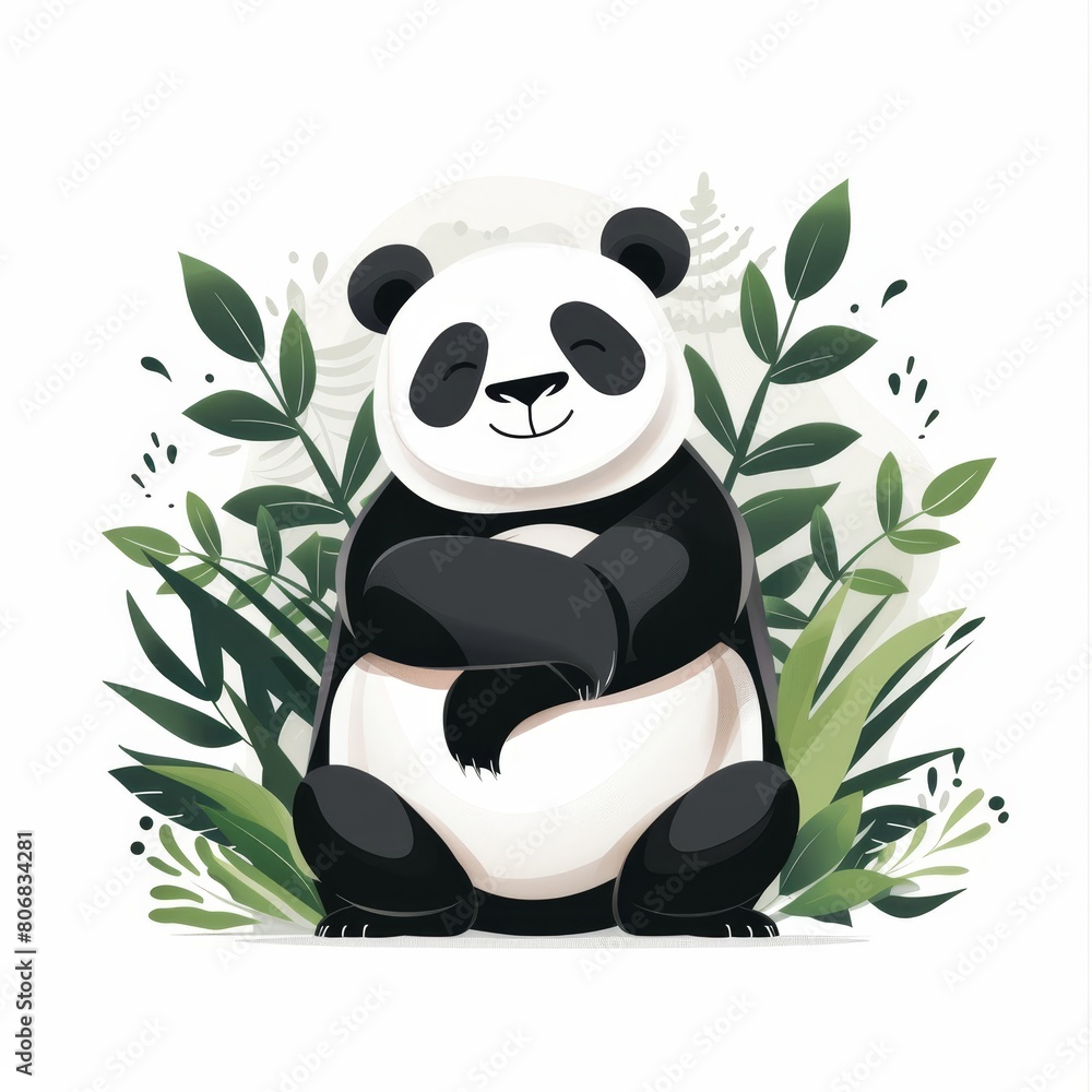A panda sitting atop a lush, green field dotted with leaves Nearby, a tall, leafy plant waves its greenery A panda sitting atop a lush, green field dotted with leaves Nearby, a tall, leafy plant waves its greenery