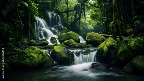 Beautiful waterfall in the forest. Panoramic view of a waterfall in the forest.