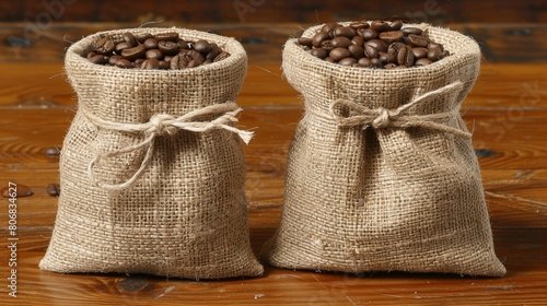 Coffee beans and wooden spoons arranged on a table with bags set against a dark background