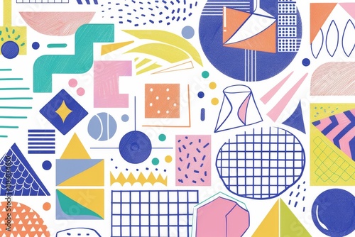 A front cover for a colouring book for toddlers called Shape and Pattern Playground, full of different shapes with various patterns within the shapes