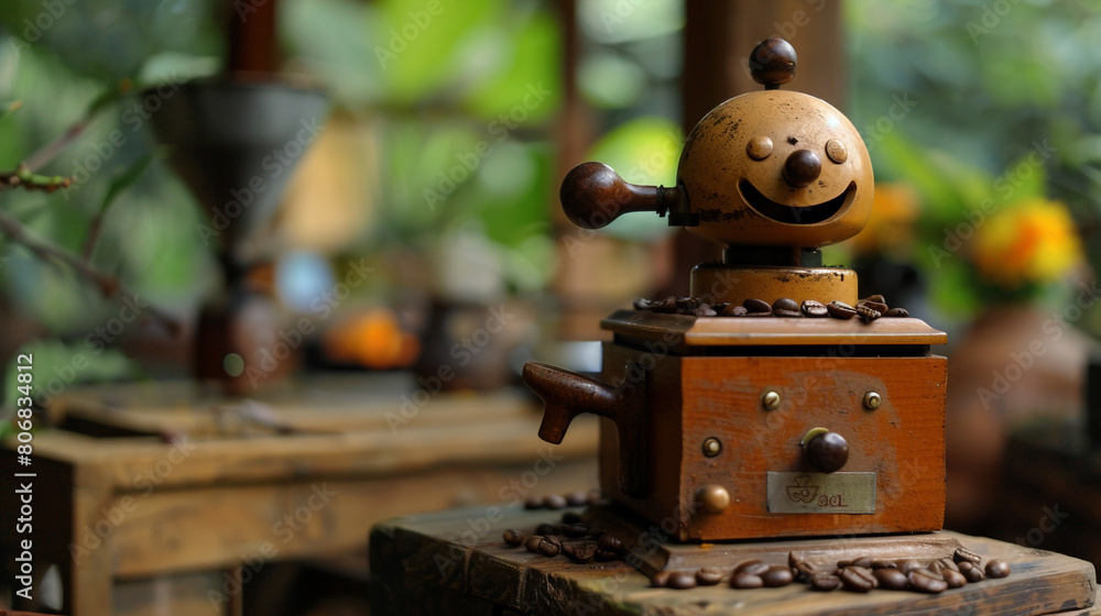 A wee little coffee grinder with a cute smile, grinding fresh coffee beans for aromatic morning brews.