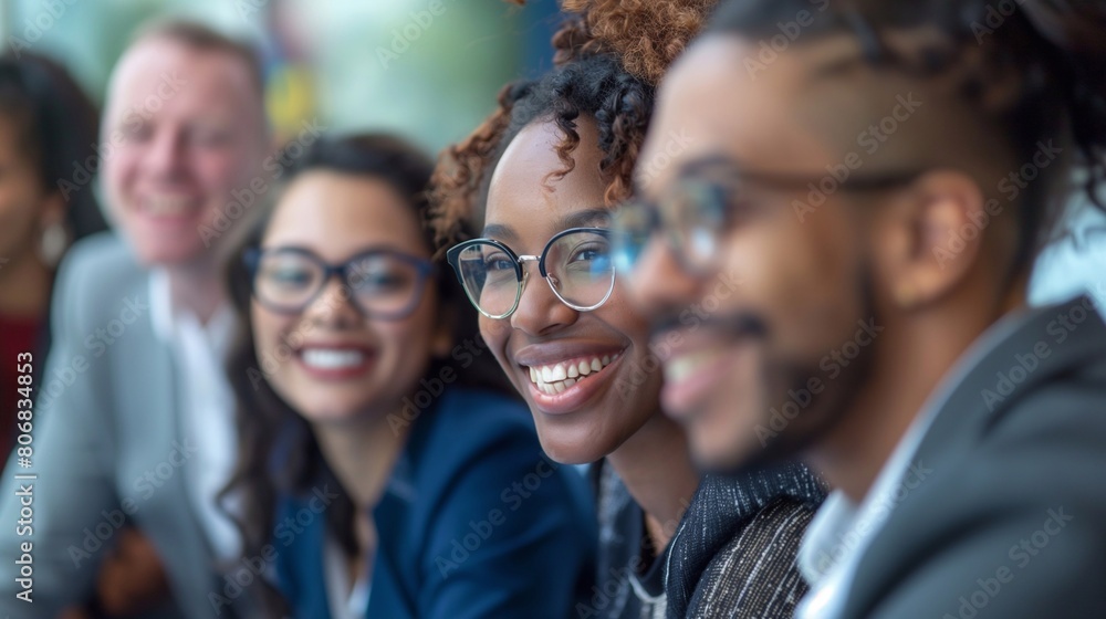 close-up of diverse team of executives talking among in modern office, happy faces. generative AI