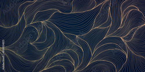 Vector linear golden leaves art deco pattern. Gold line elegant wavy texture, japanese style botanical illustration. Floral plant luxury texture, elegant wallpaper. Vintage decor print photo