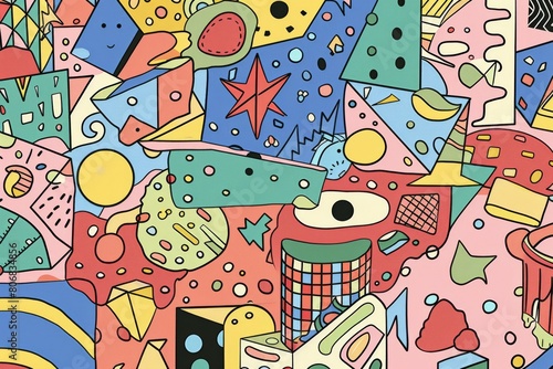 A front cover for a colouring book for toddlers called Shape and Pattern Playground, full of different shapes with various patterns within the shapes