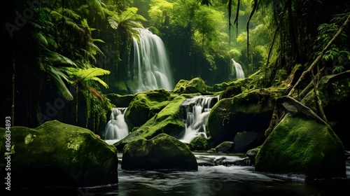 Beautiful waterfall in the forest. Panoramic view of a waterfall in the forest.