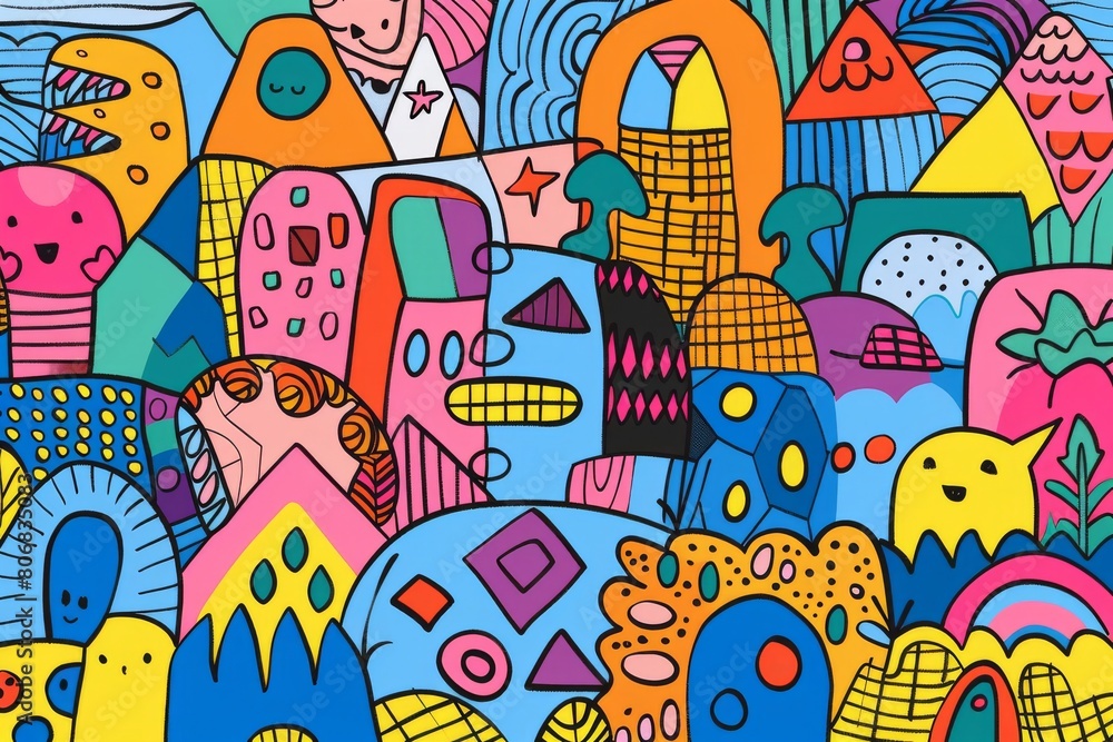 Fototapeta premium A front cover for a colouring book for toddlers called Shape and Pattern Playground, full of different shapes with various patterns within the shapes