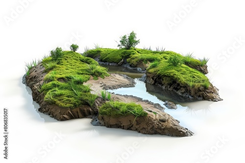 A tiny natural landscape, meticulously recreated to conserve ecological beauty, in a 3D model isolated on a white background