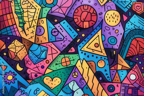 A front cover for a colouring book for toddlers called Shape and Pattern Playground, full of different shapes with various patterns within the shapes