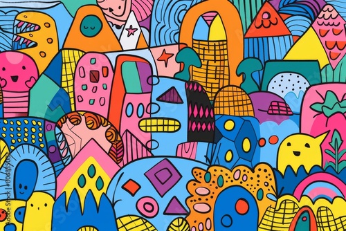 A front cover for a colouring book for toddlers called Shape and Pattern Playground, full of different shapes with various patterns within the shapes
