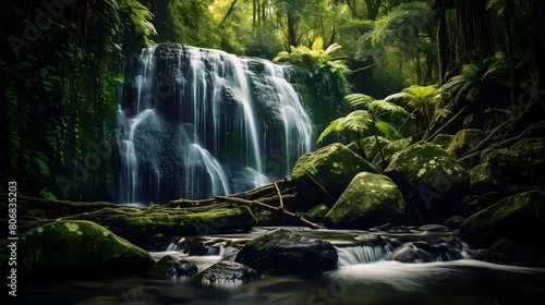 Panoramic view of a waterfall in a tropical forest. Long exposure.