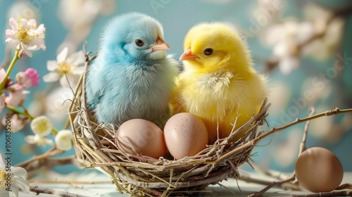  A pair of small birds perch above two eggs in their nest