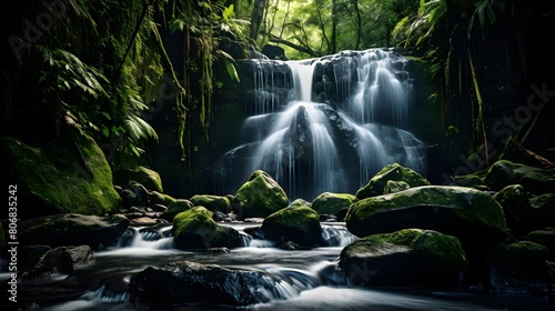 Panorama of a beautiful waterfall in the forest. Long exposure.