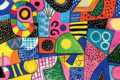 A front cover for a colouring book for toddlers called Shape and Pattern Playground, full of different shapes with various patterns within the shapes