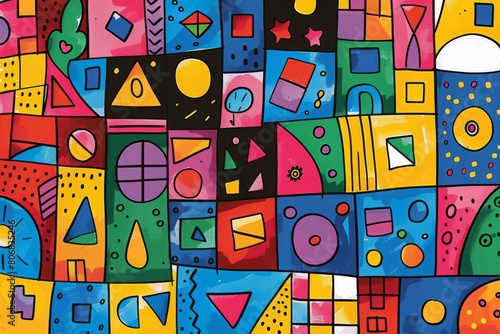 A front cover for a colouring book for toddlers called Shape and Pattern Playground, full of different shapes with various patterns within the shapes