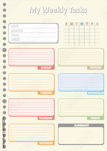 Colorful Box Template Design for Weekly School ActivityTasks. 26 Holes Loose-Leaf Replacement Paper. Ready to Print