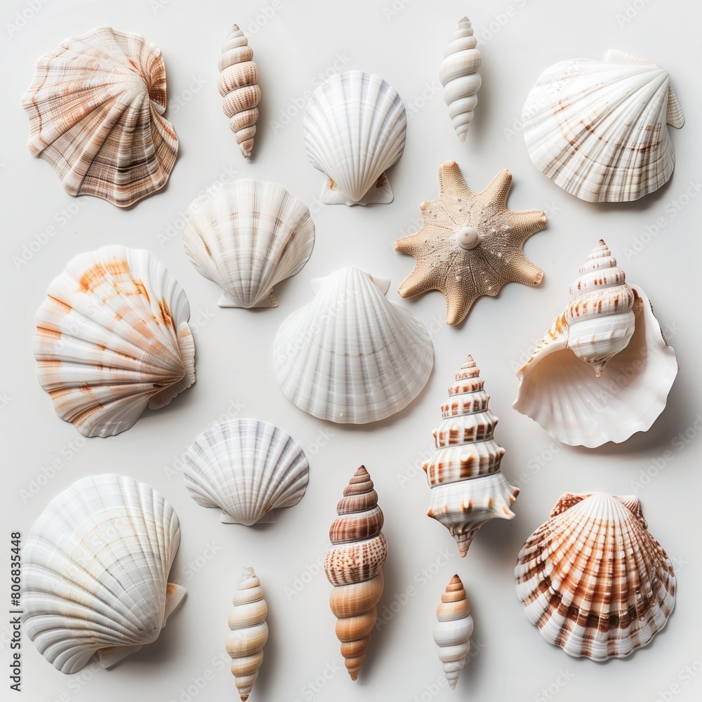 Assorted Seashells Collection on White Background Top View Assorted Seashells Collection on White Background Top View