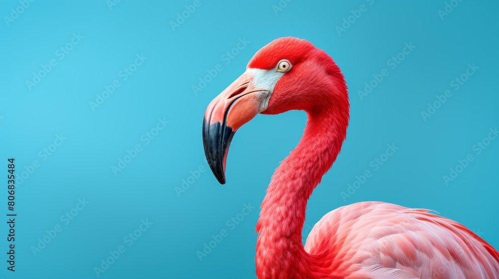 Obraz premium A majestic pink flamingo stands gracefully in front of a serene blue background