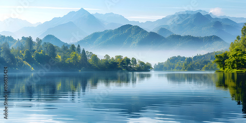 Landscape with Lake and Mountains  Scenic View of Tranquil Water and Majestic Peaks  Serene Nature Scene with Reflections  Peaceful Mountain Landscape  Generative AI  Landscape with Lake and Mountains