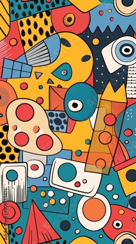 A front cover for a colouring book for toddlers called Shape and Pattern Playground, full of different shapes with various patterns within the shapes